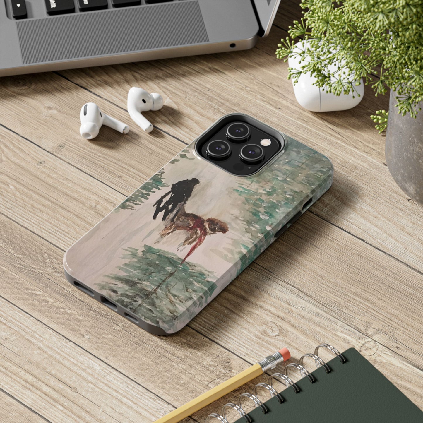Skier Dog Pulling Tree Tough Phone Cases, iPhone & Samsung cases, wireless charging, pine trees, snow, original artwork, gifts, Christmas