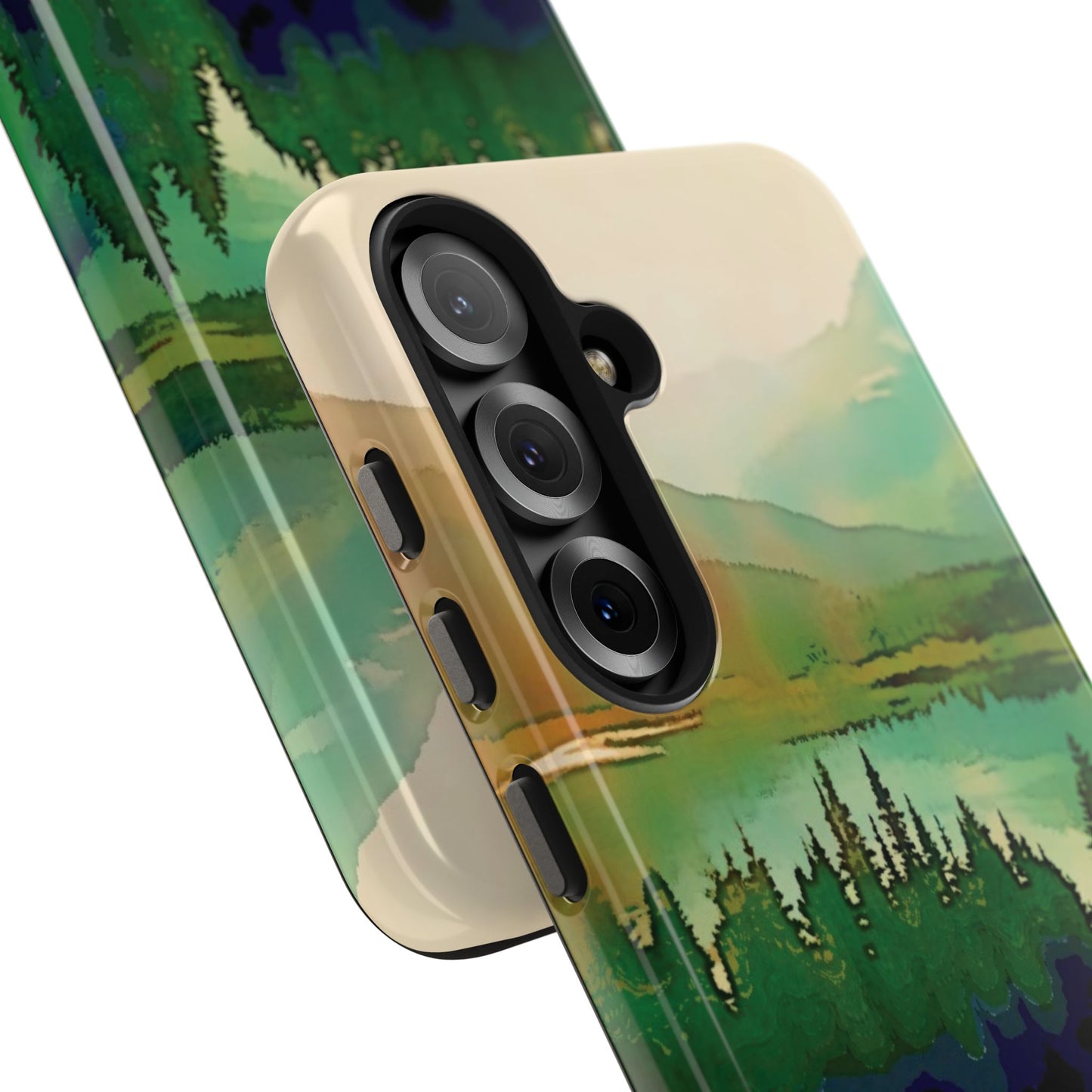 Mountain Lake Tough Phone Cases, iPhone & Samsung cases, wireless charging, trees, nature, colorful, original artwork, gifts, Christmas