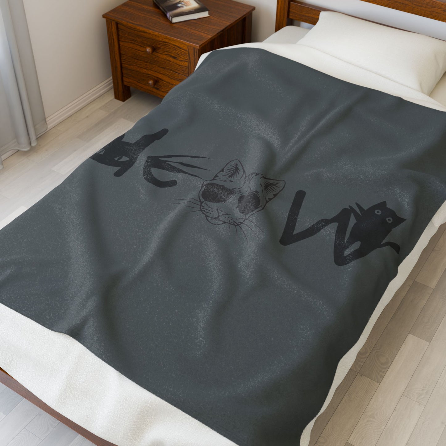 Dark Grey Meow Velveteen Blanket, Cozy Throw, Home Decor, Gift, Bed Cover, Dorm, Warm, Soft, Couch Blanket, Birthday Anniversary Christmas