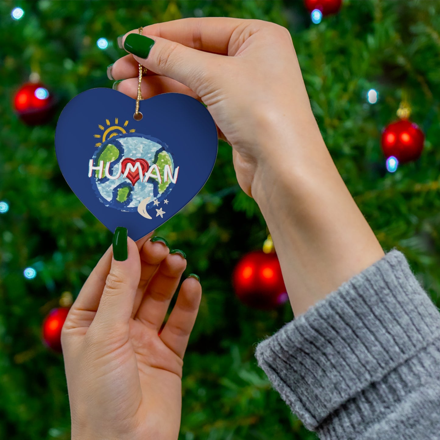 HUMAN Hanging Ceramic Ornament, Whole World, Sun Moon & Stars, Heart, Circle Snowflake Heart Star, Christmas Tree, Holiday, Birthday, Gifts