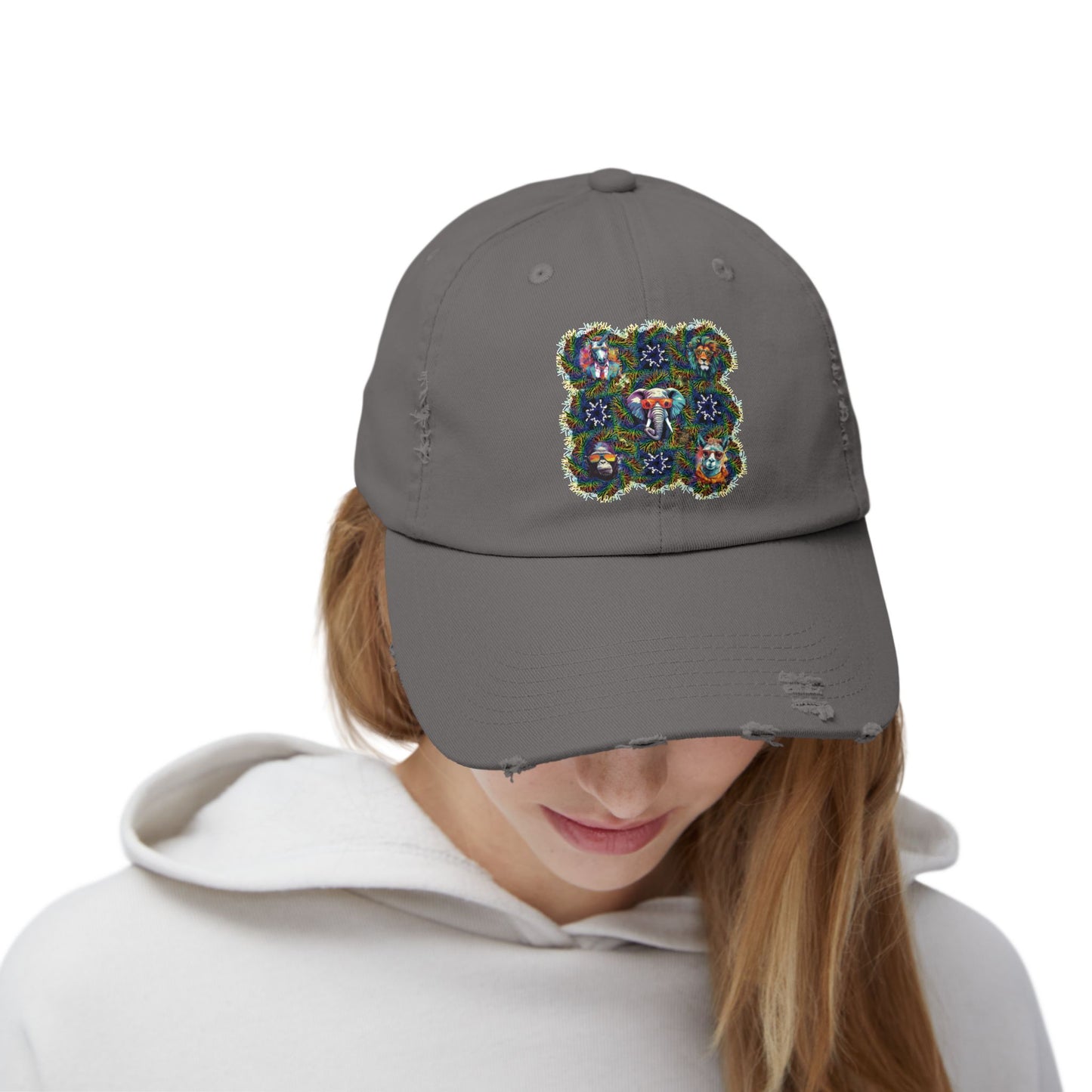 Wild & Cool Creatures Unisex Distressed Cap, Graphic Art, Animals, Gift, Hats, Cotton Twill, Adjustable, Gifts for Women Men Friends Teens