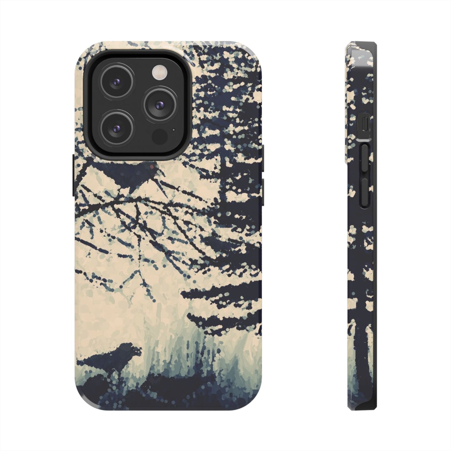 Crows in Forest Tough Phone Cases, iPhone & Samsung cases, wireless charging, crows, trees, birds, original artwork, gifts, Halloween