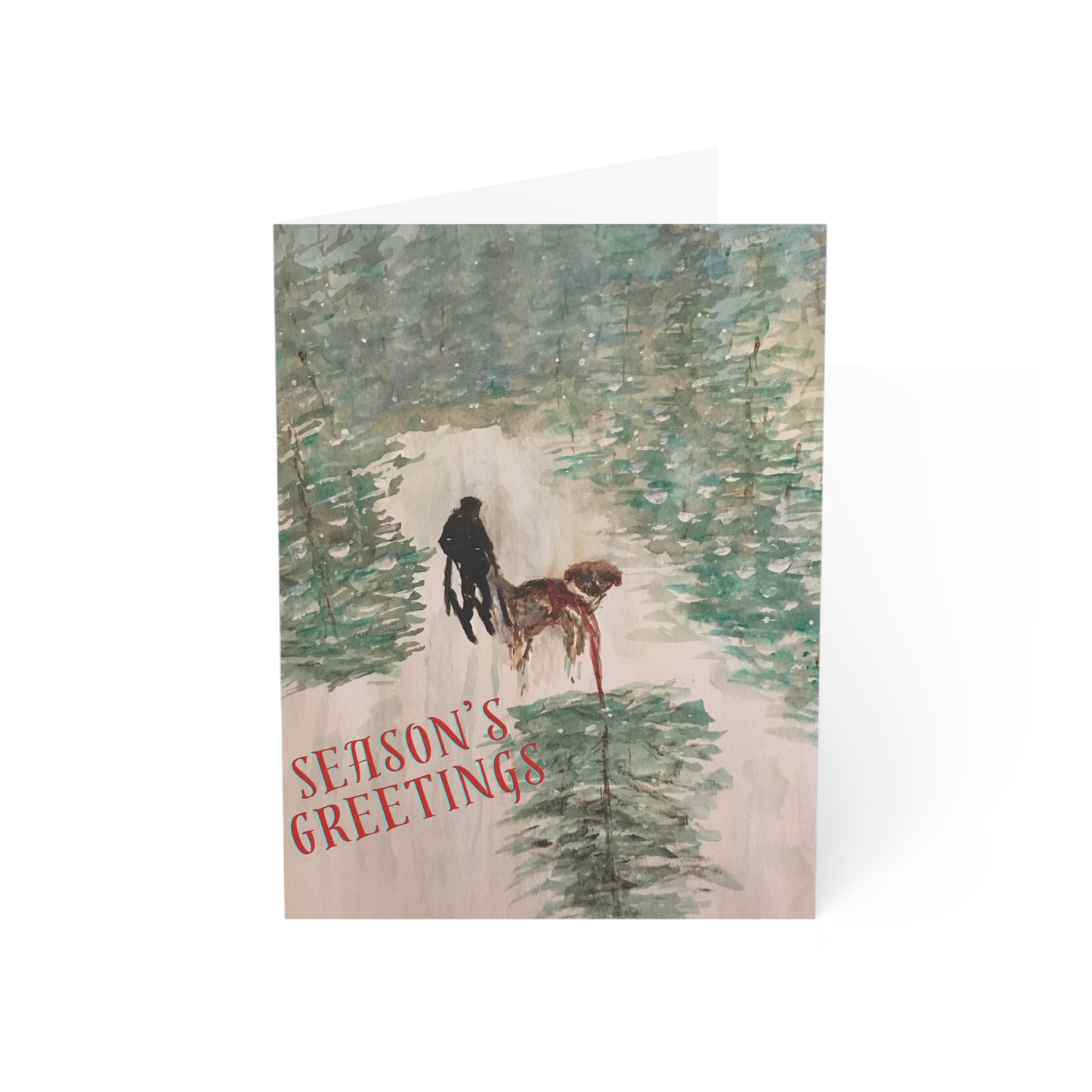 Holiday Greeting Cards Original Artwork Tree Hunting (10, 30, and 50pcs), Dog, Skis, Seasons Greetings, Wishing Health Happiness New Year