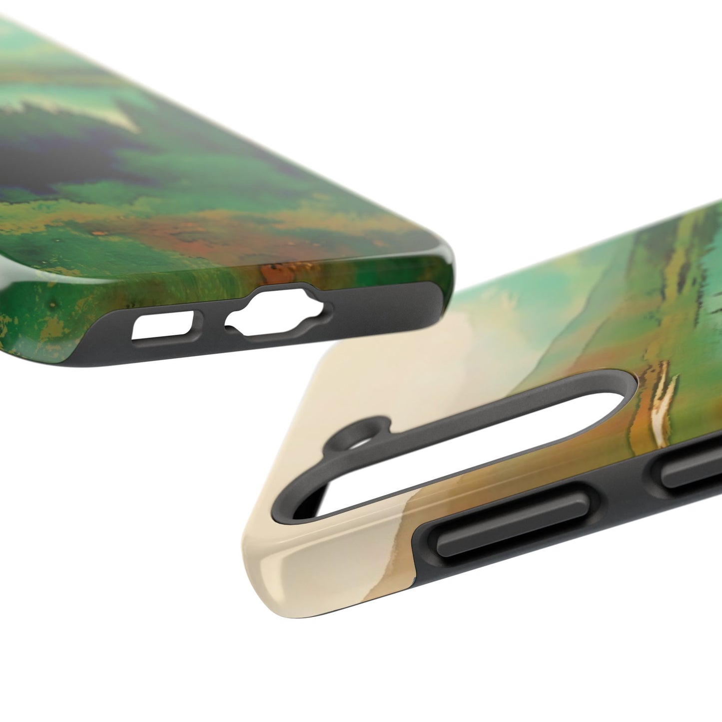 Mountain Lake Tough Phone Cases, iPhone & Samsung cases, wireless charging, trees, nature, colorful, original artwork, gifts, Christmas