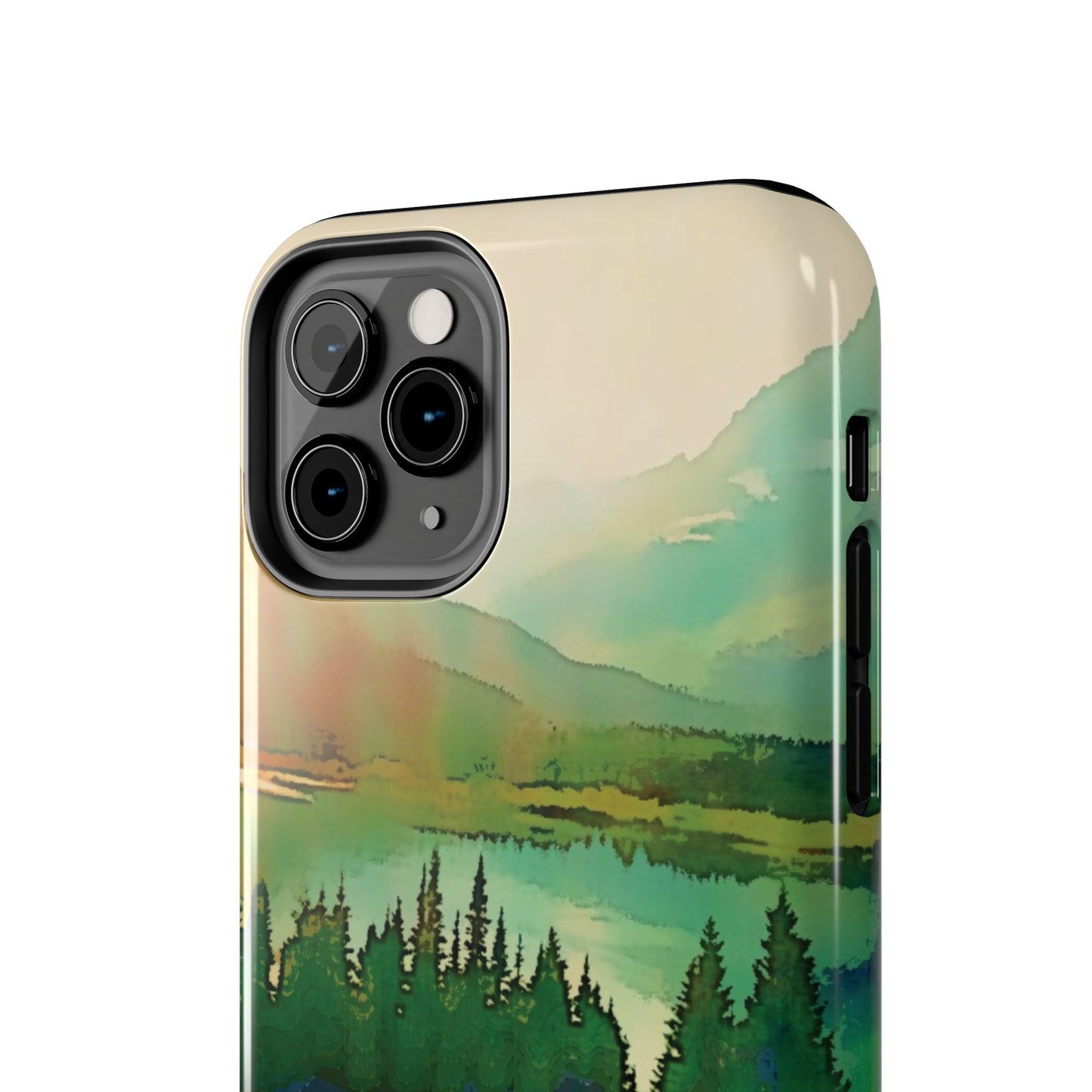 Mountain Lake Tough Phone Cases, iPhone & Samsung cases, wireless charging, trees, nature, colorful, original artwork, gifts, Christmas