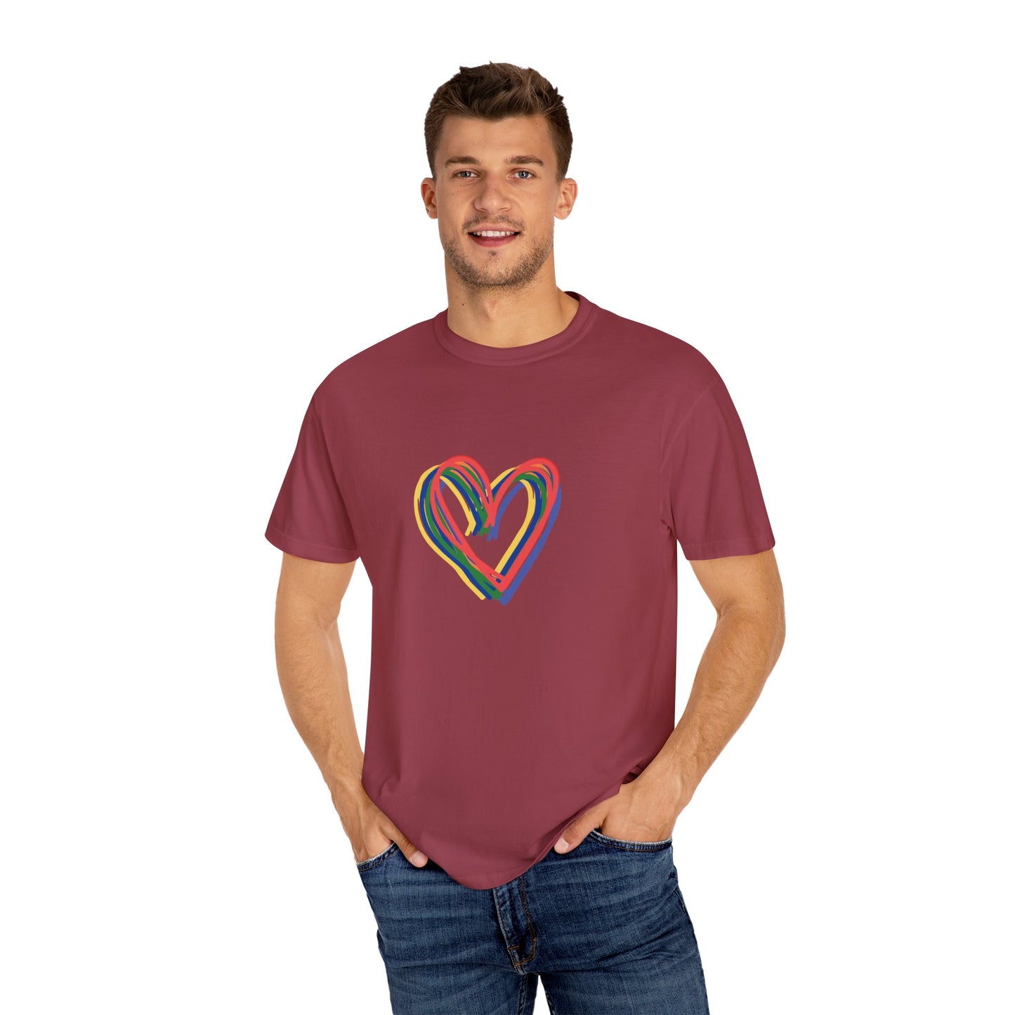Rainbow Hearts Unisex Garment-Dyed T-shirt, love, Pride, gender neutral, casual, men, women, relaxed, soft, preshrunk cotton, Valentines Day
