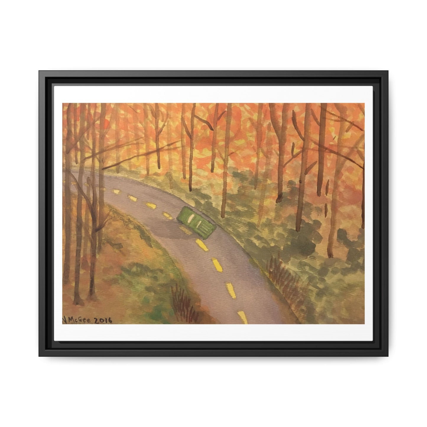 Black Frame Autumn Drive in the Country, Original Watercolor Matte Print, Fall Leaves, Nature, Trees, Artwork, Wall Art, Gift, Colorful