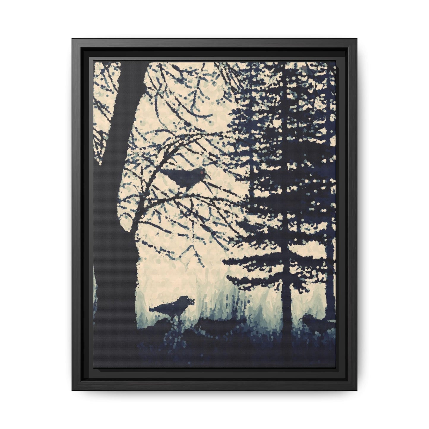 Black Frame Crows in Forest, Dark Black & White, Matte Canvas, Original Artwork, Wall Art, Decor, Trees, Birds, Nature, Gift, Eco, Halloween