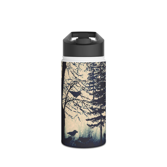 Crows in Forest Stainless Steel Water Bottle, Trees, Birds, Nature, Original Artwork, Exercise, Gift, Black & White, Eco BPA-free, Halloween