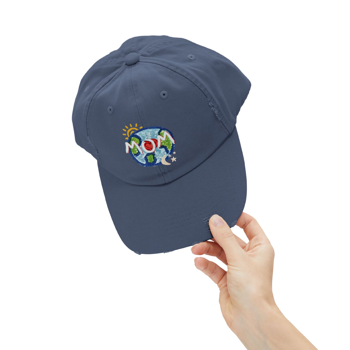 MOM Unisex Distressed Cap, Whole World, Sun, Moon & Stars, Heart, Mothers Day, Gifts for Women, Gift, Hats, Cotton Twill, Adjustable
