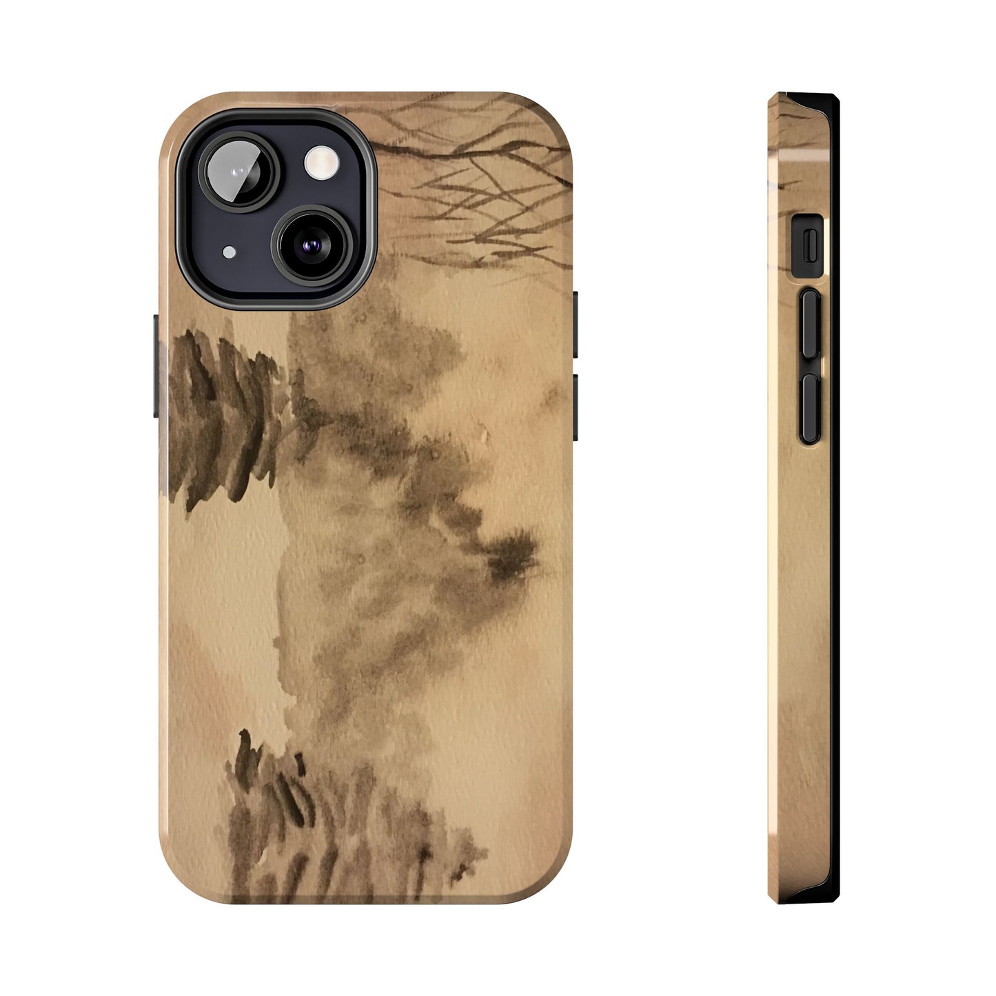 Winter Scene Tough Phone Cases, iPhone & Samsung cases, wireless charging, pine trees, snow, original watercolor artwork, gifts, Christmas