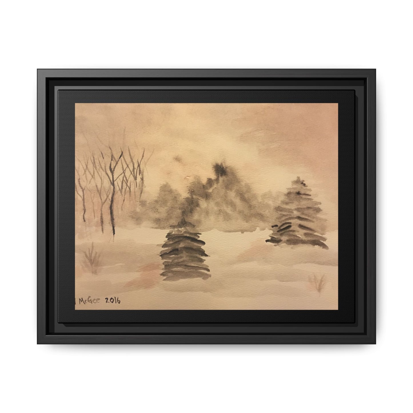 Black Frame Winter Scene, Original Watercolor Print, Snow, Nature, Trees, Forest, Artwork, Wall Art, Canvas, Black Tones, Gift, Christmas