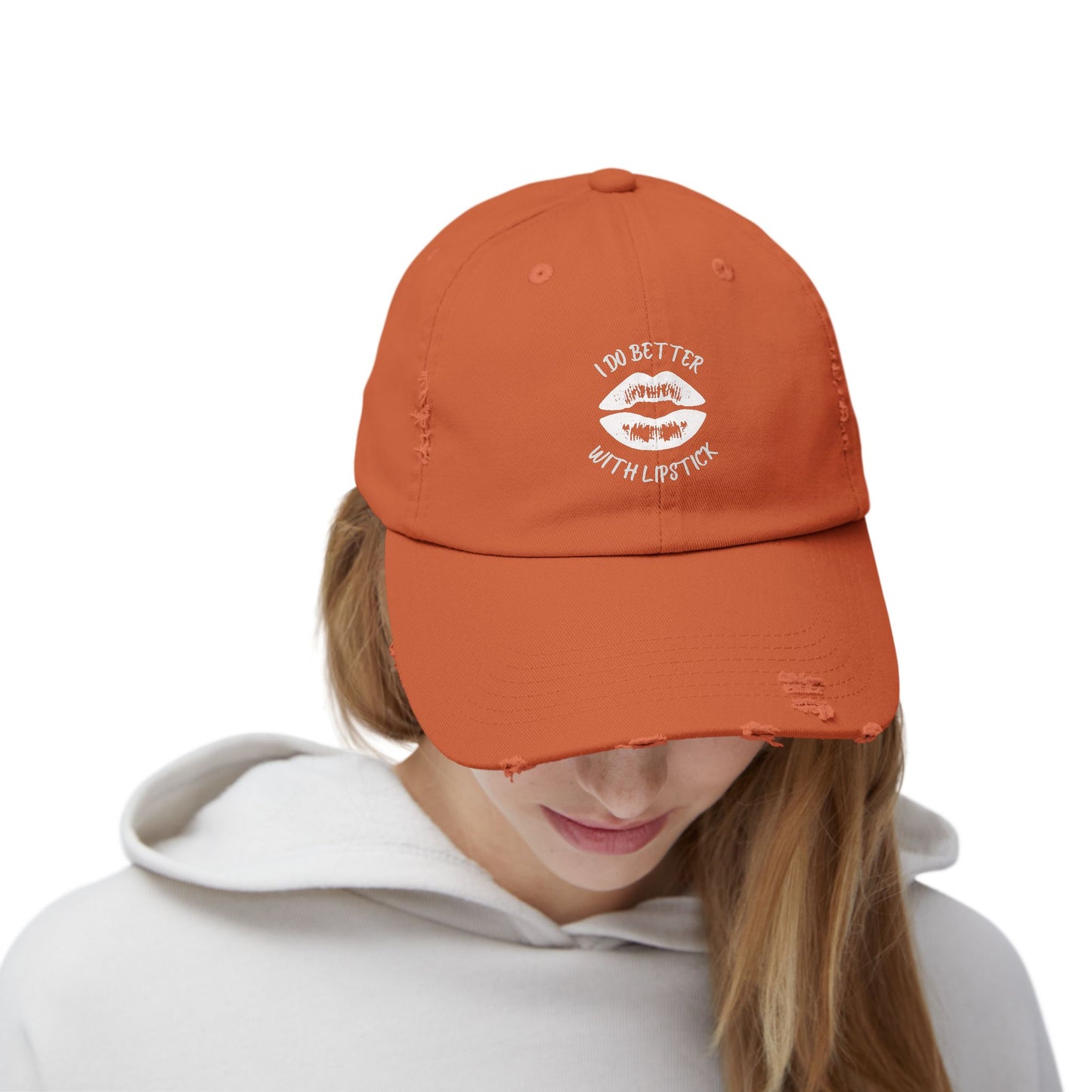 Distressed Cap - I Do Better With Lipstick, Glamorous & Bold, Adjustable, Cotton Twill