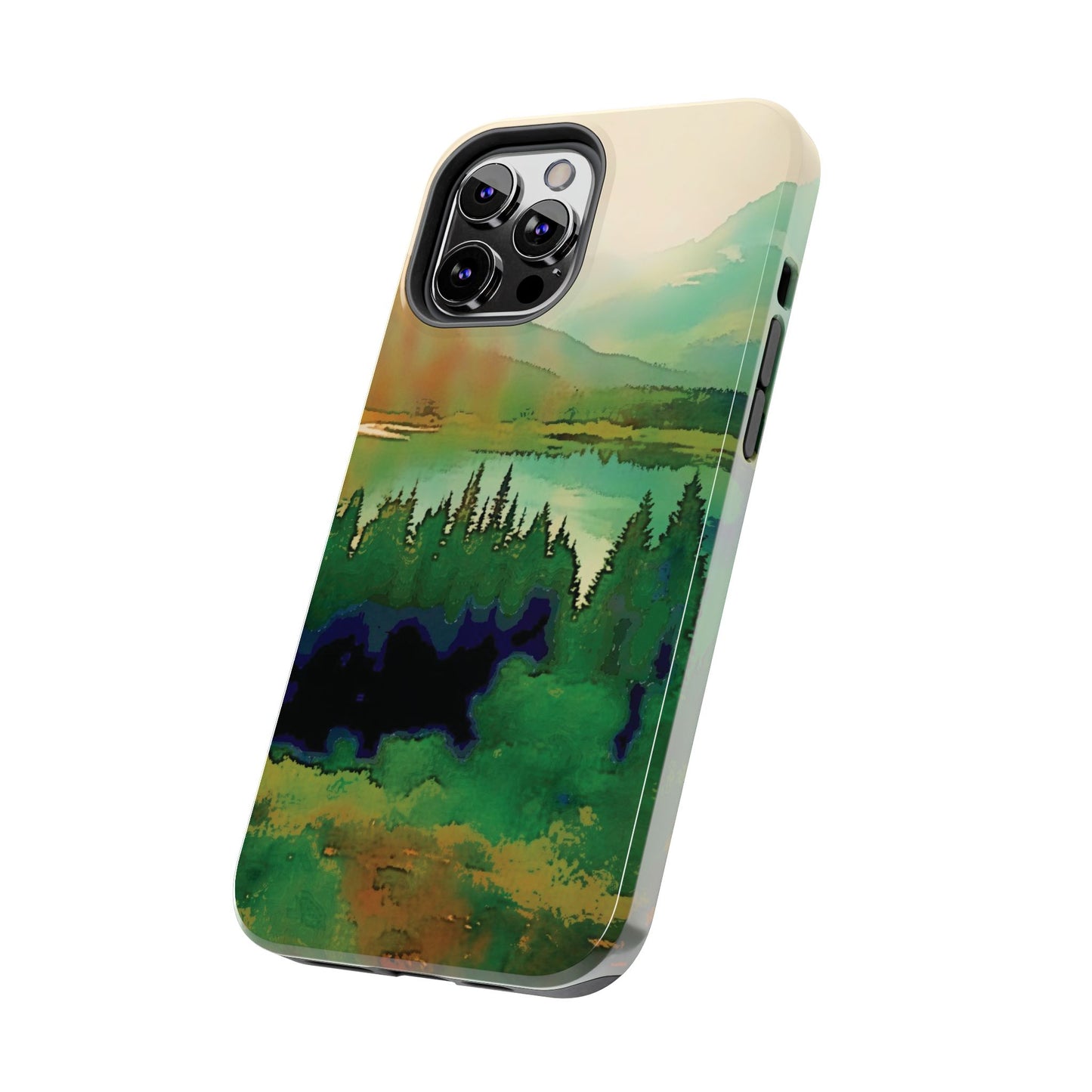 Mountain Lake Tough Phone Cases, iPhone & Samsung cases, wireless charging, trees, nature, colorful, original artwork, gifts, Christmas