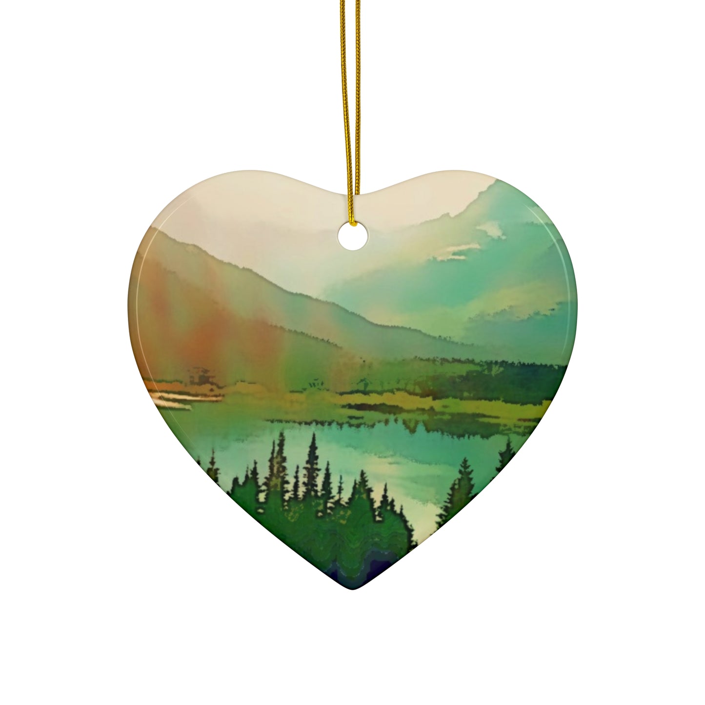 Mountain Lake Hanging Ceramic Ornament, 4 Shapes Circle, Snowflake, Heart, Star, Forest, Tree, Rustic, Holiday, Decor, Gifts, Landscape