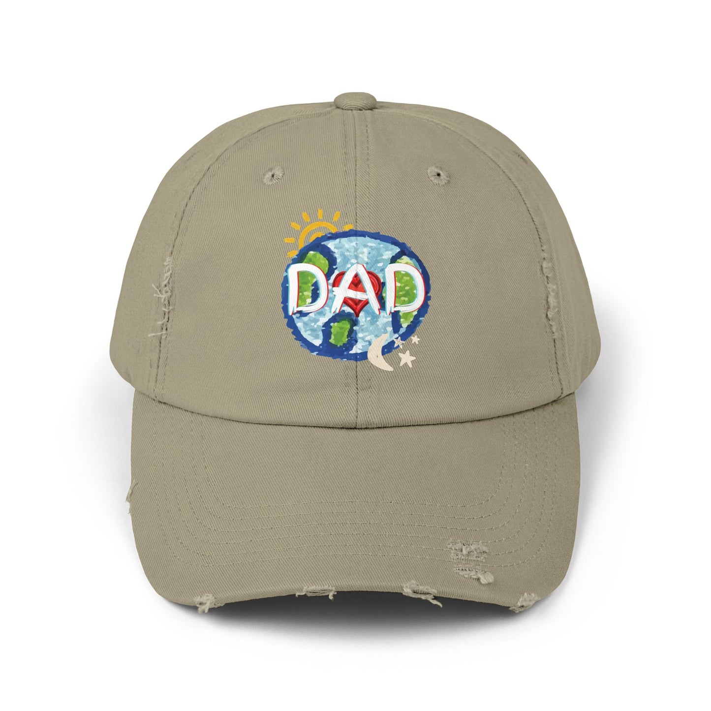 DAD Unisex Distressed Cap, Whole World, Sun, Moon & Stars, Heart, Fathers Day, Gift, Hats, Cotton Twill, Adjustable, Gifts for Men