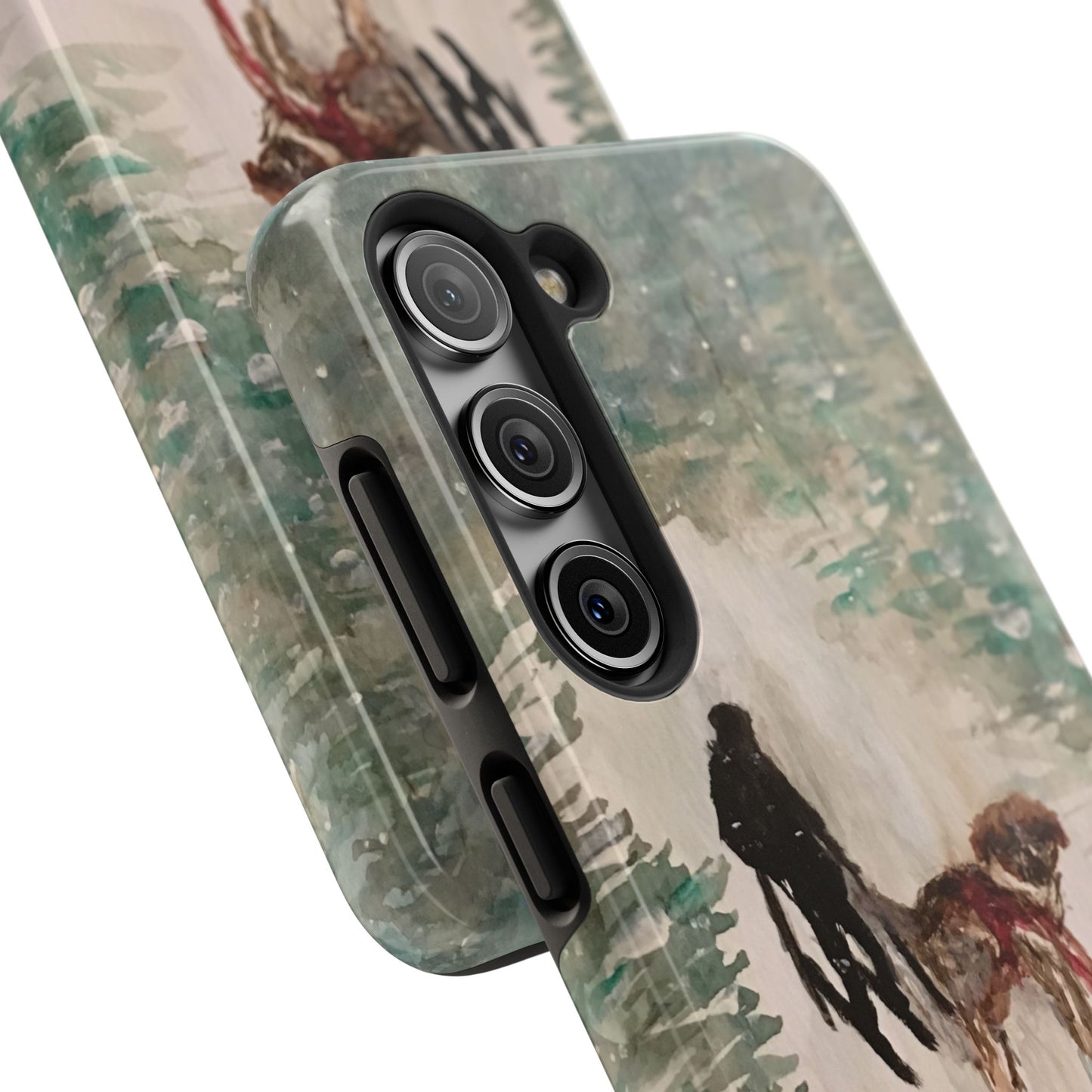 Skier Dog Pulling Tree Tough Phone Cases, iPhone & Samsung cases, wireless charging, pine trees, snow, original artwork, gifts, Christmas