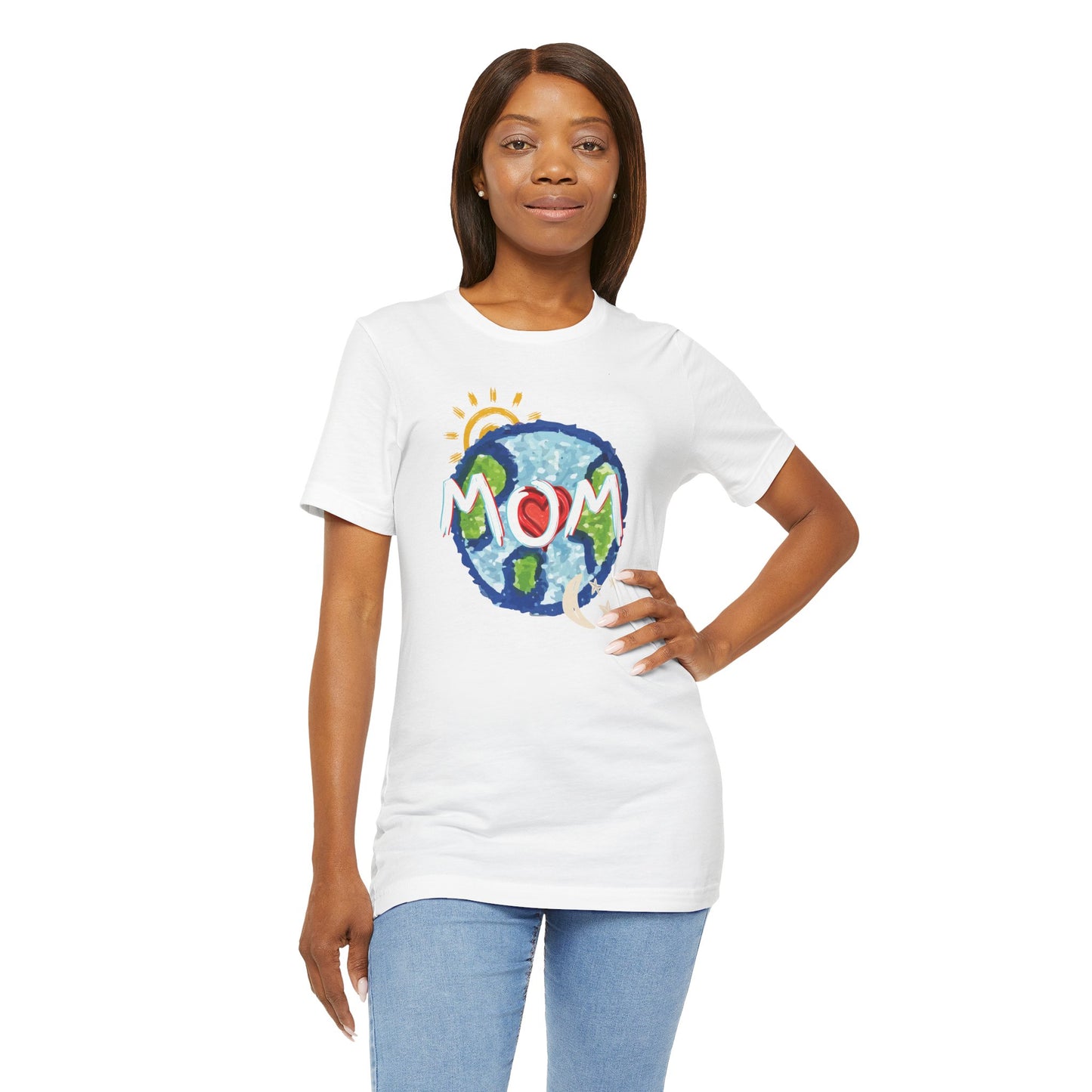 MOM Unisex Tee, Whole World, Sun Moon Stars, Heart, Love, Mothers Day, Gifts for Women, Comfy, Soft, Casual, Gender Neutral, Short Sleeves