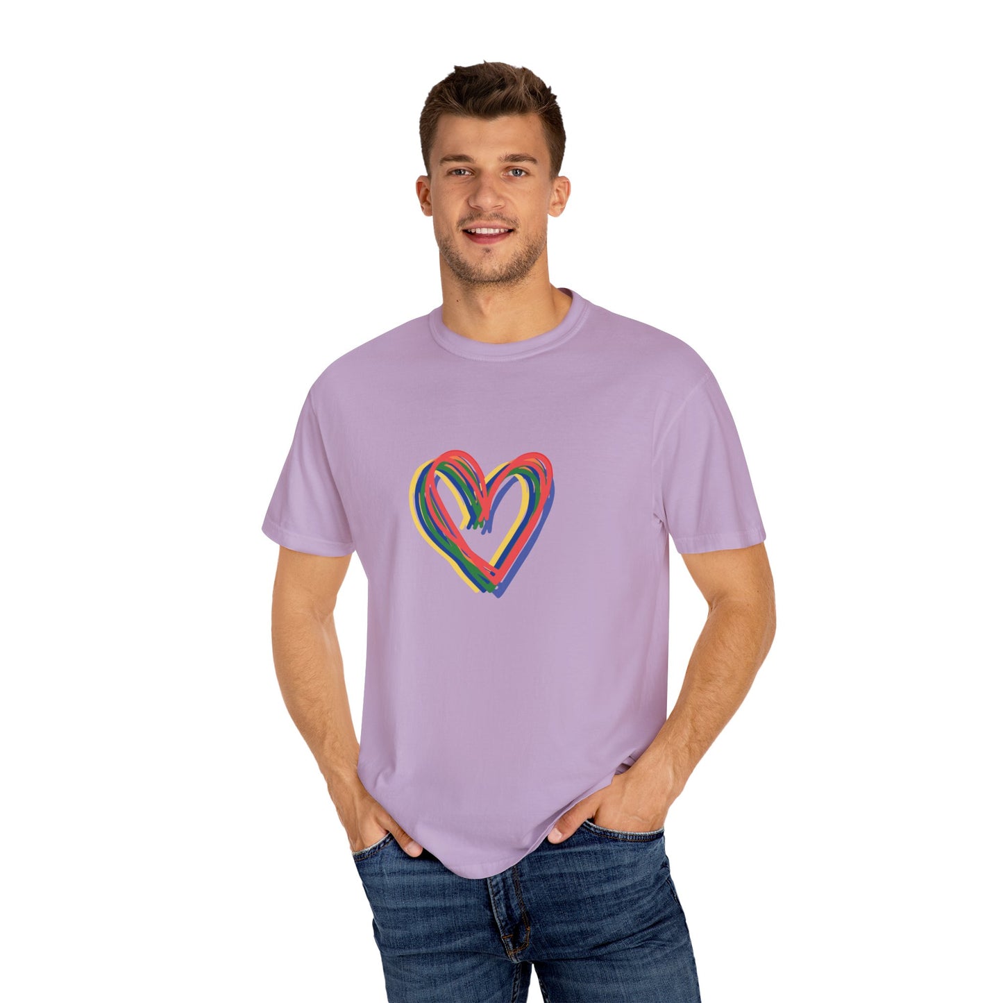 Rainbow Hearts Unisex Garment-Dyed T-shirt, love, Pride, gender neutral, casual, men, women, relaxed, soft, preshrunk cotton, Valentines Day
