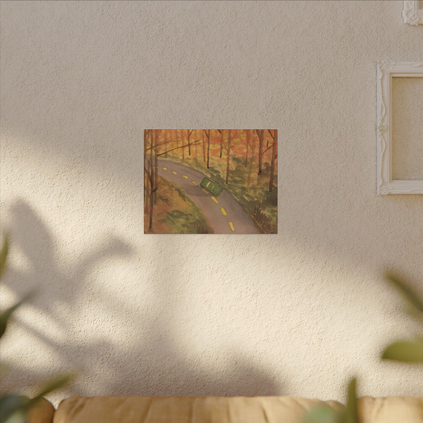 Canvas Wrap Autumn Drive in the Country, Nature, America, Trees, Original Watercolor Print, Artwork, Wall Art, Green Truck, Fall Leaves