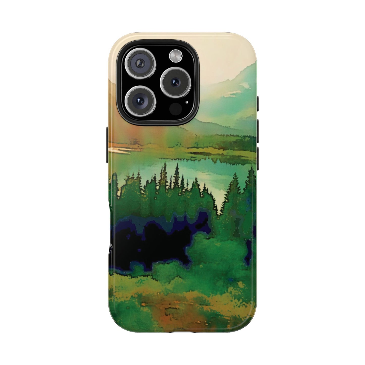 Mountain Lake Tough Phone Cases, iPhone & Samsung cases, wireless charging, trees, nature, colorful, original artwork, gifts, Christmas