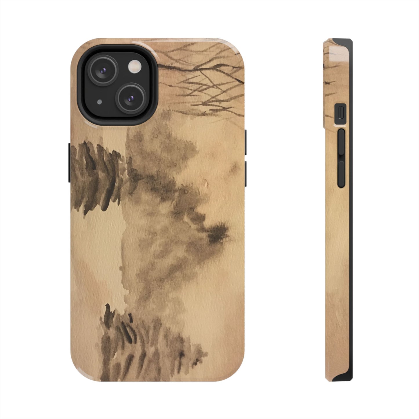 Winter Scene Tough Phone Cases, iPhone & Samsung cases, wireless charging, pine trees, snow, original watercolor artwork, gifts, Christmas
