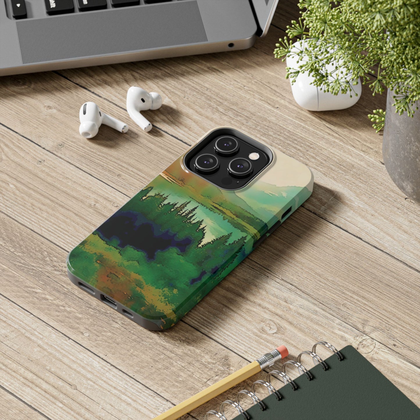 Mountain Lake Tough Phone Cases, iPhone & Samsung cases, wireless charging, trees, nature, colorful, original artwork, gifts, Christmas