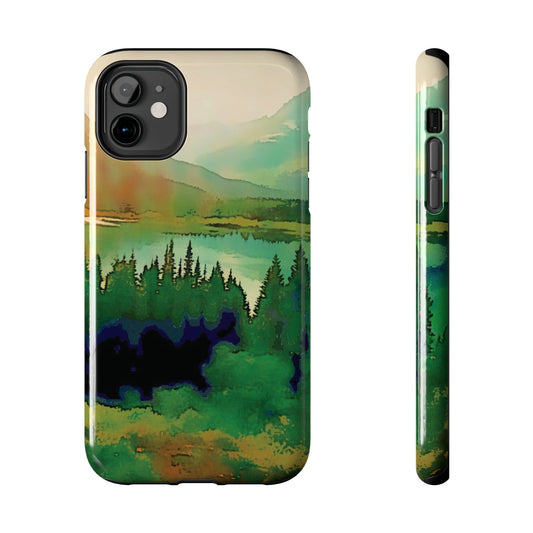 Mountain Lake Tough Phone Cases, iPhone & Samsung cases, wireless charging, trees, nature, colorful, original artwork, gifts, Christmas
