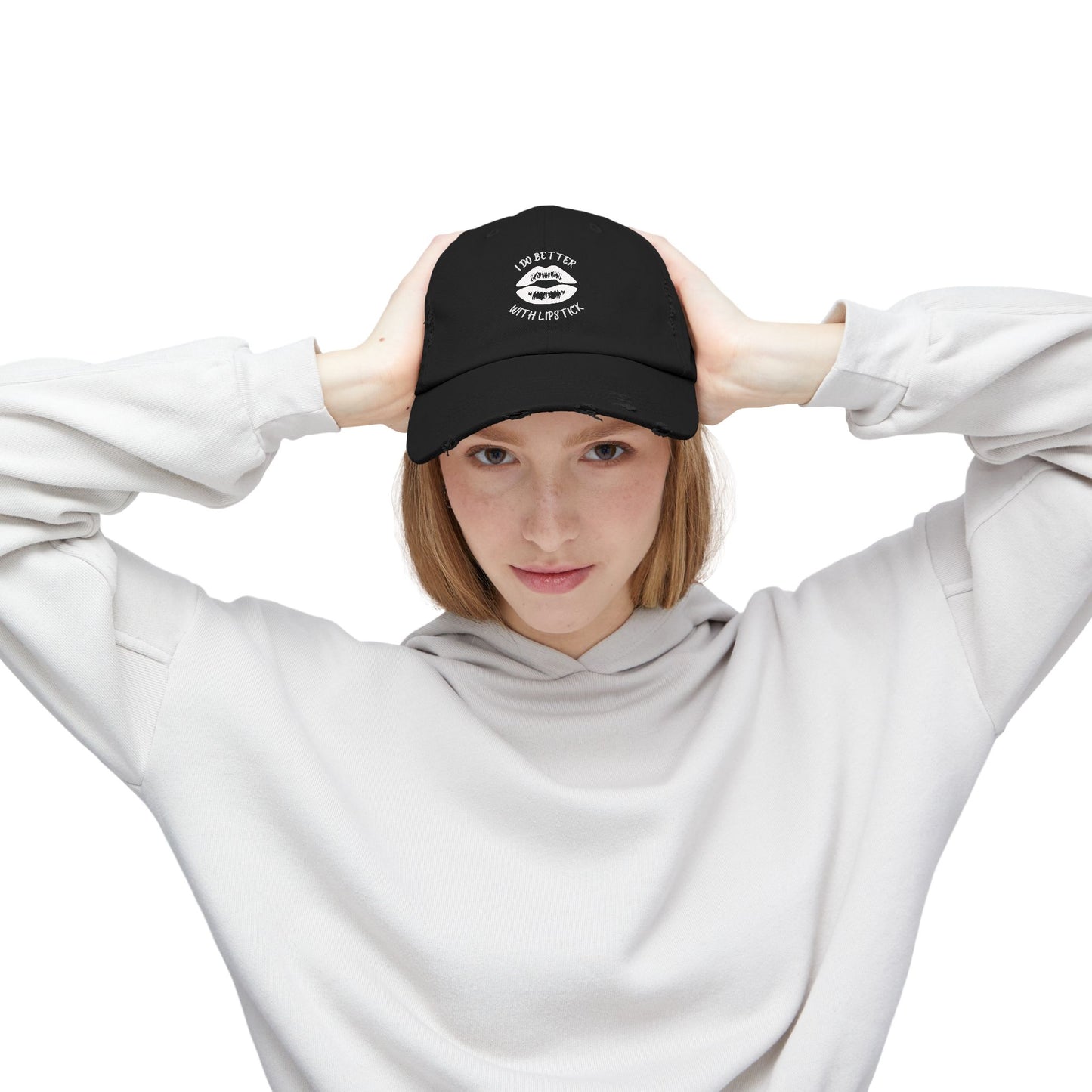 Distressed Cap - I Do Better With Lipstick, Glamorous & Bold, Adjustable, Cotton Twill