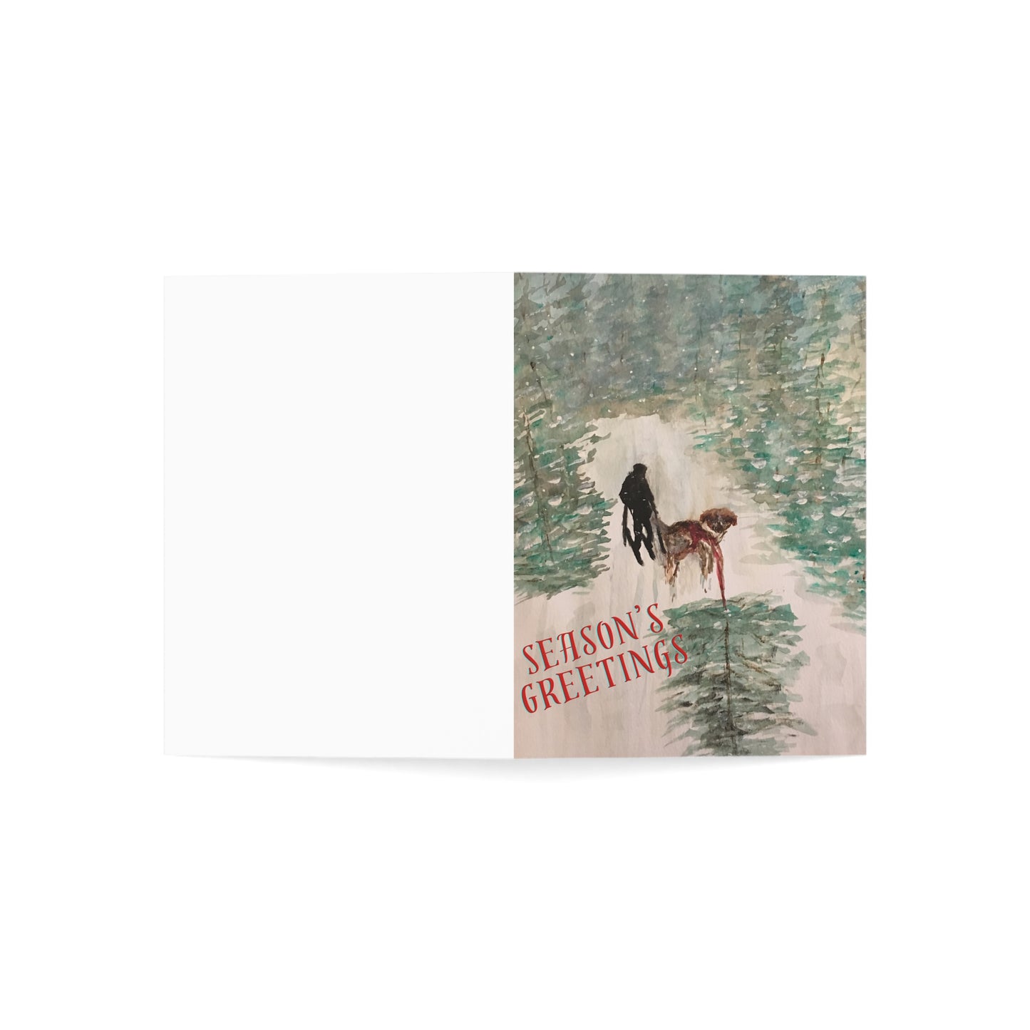 Holiday Greeting Cards Original Artwork Tree Hunting (10, 30, and 50pcs), Dog, Skis, Seasons Greetings, Wishing Health Happiness New Year