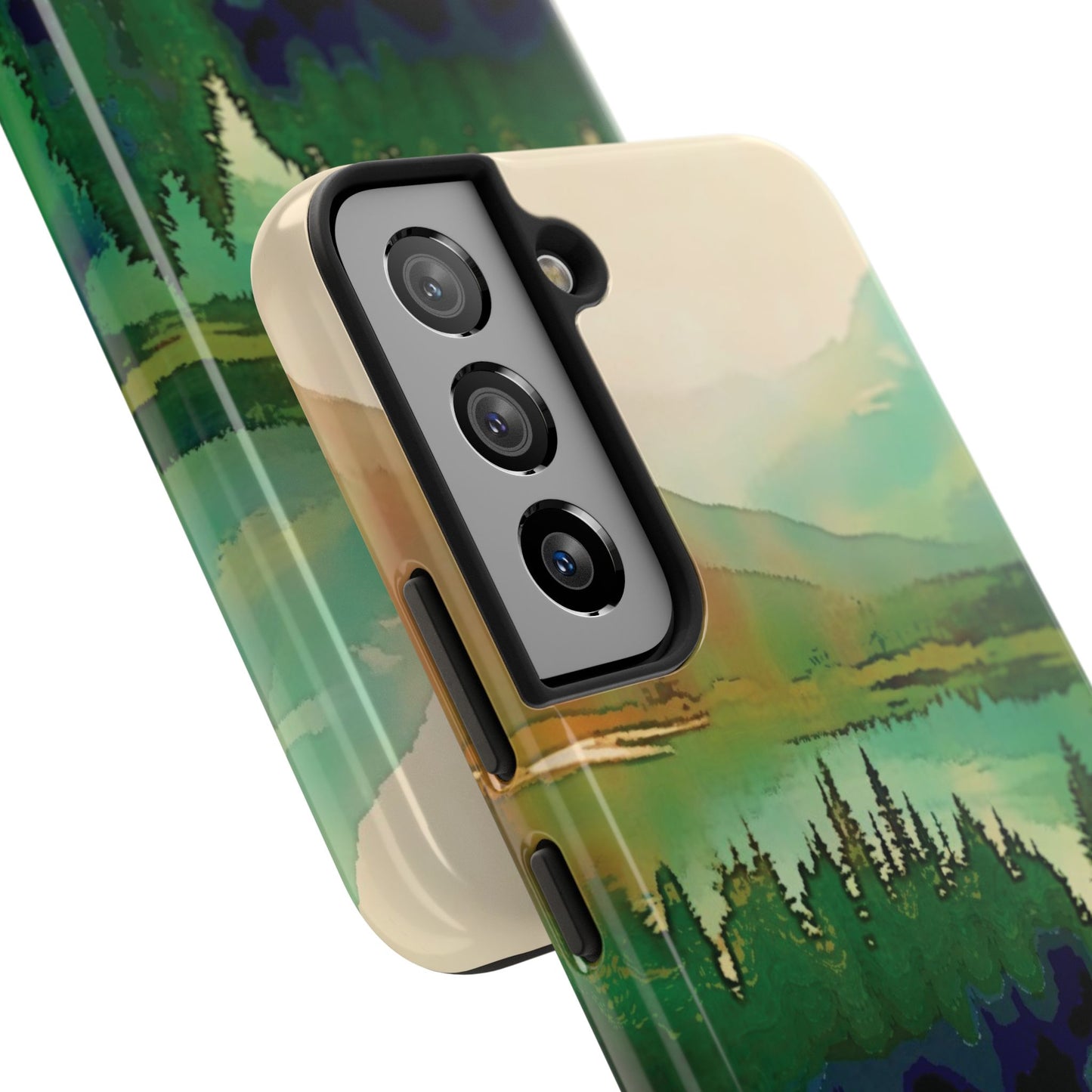 Mountain Lake Tough Phone Cases, iPhone & Samsung cases, wireless charging, trees, nature, colorful, original artwork, gifts, Christmas