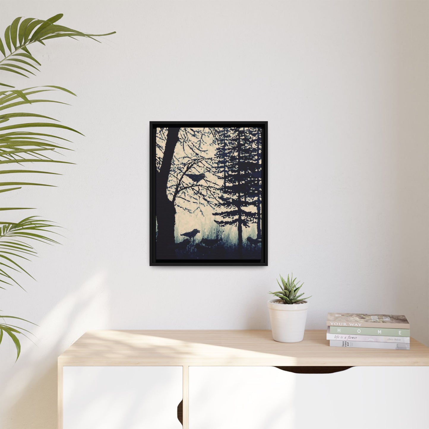 Black Frame Crows in Forest, Dark Black & White, Matte Canvas, Original Artwork, Wall Art, Decor, Trees, Birds, Nature, Gift, Eco, Halloween