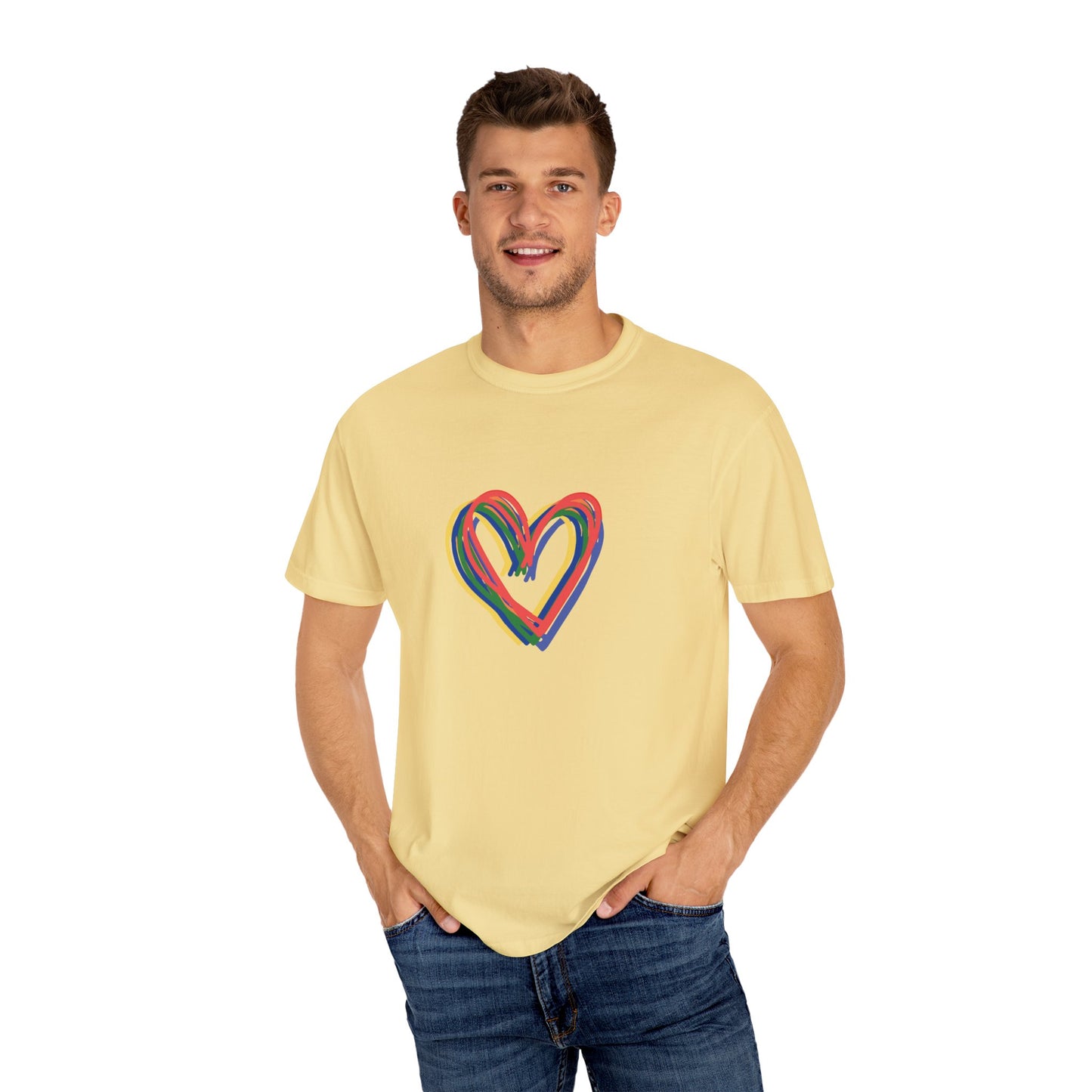 Rainbow Hearts Unisex Garment-Dyed T-shirt, love, Pride, gender neutral, casual, men, women, relaxed, soft, preshrunk cotton, Valentines Day