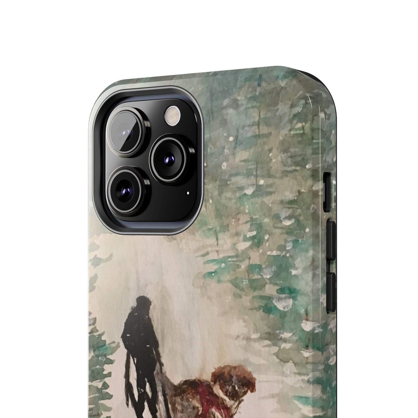 Skier Dog Pulling Tree Tough Phone Cases, iPhone & Samsung cases, wireless charging, pine trees, snow, original artwork, gifts, Christmas