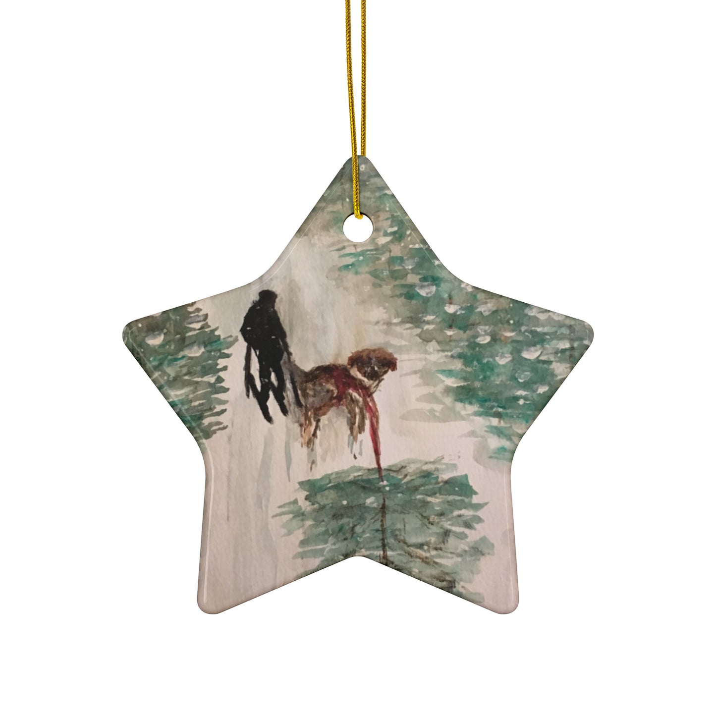 Skier Dog Pulling Tree Hanging Ceramic Ornament, 4 Shapes Circle, Snowflake, Heart, Star, Christmas Tree, Holiday, Decor, Gifts, Snow Forest
