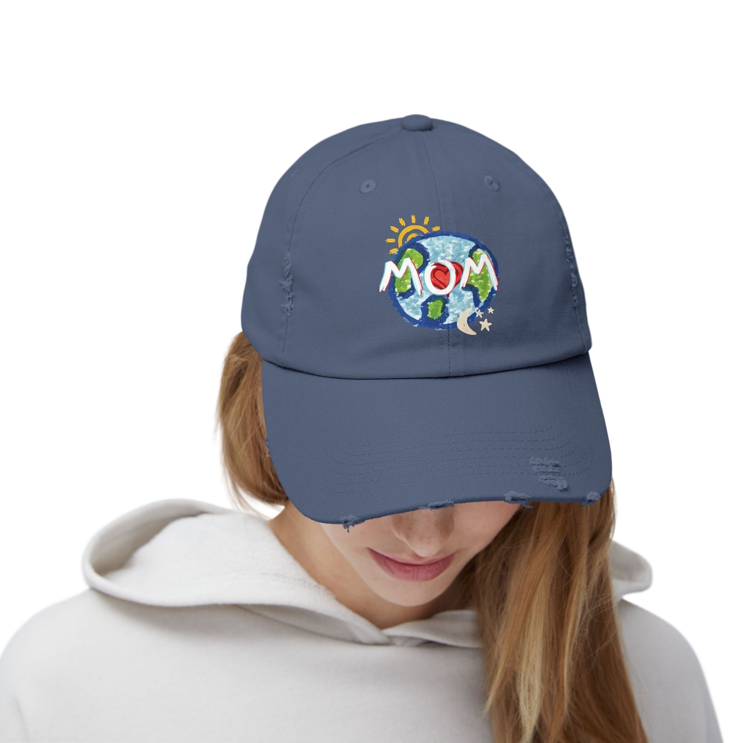 MOM Unisex Distressed Cap, Whole World, Sun, Moon & Stars, Heart, Mothers Day, Gifts for Women, Gift, Hats, Cotton Twill, Adjustable