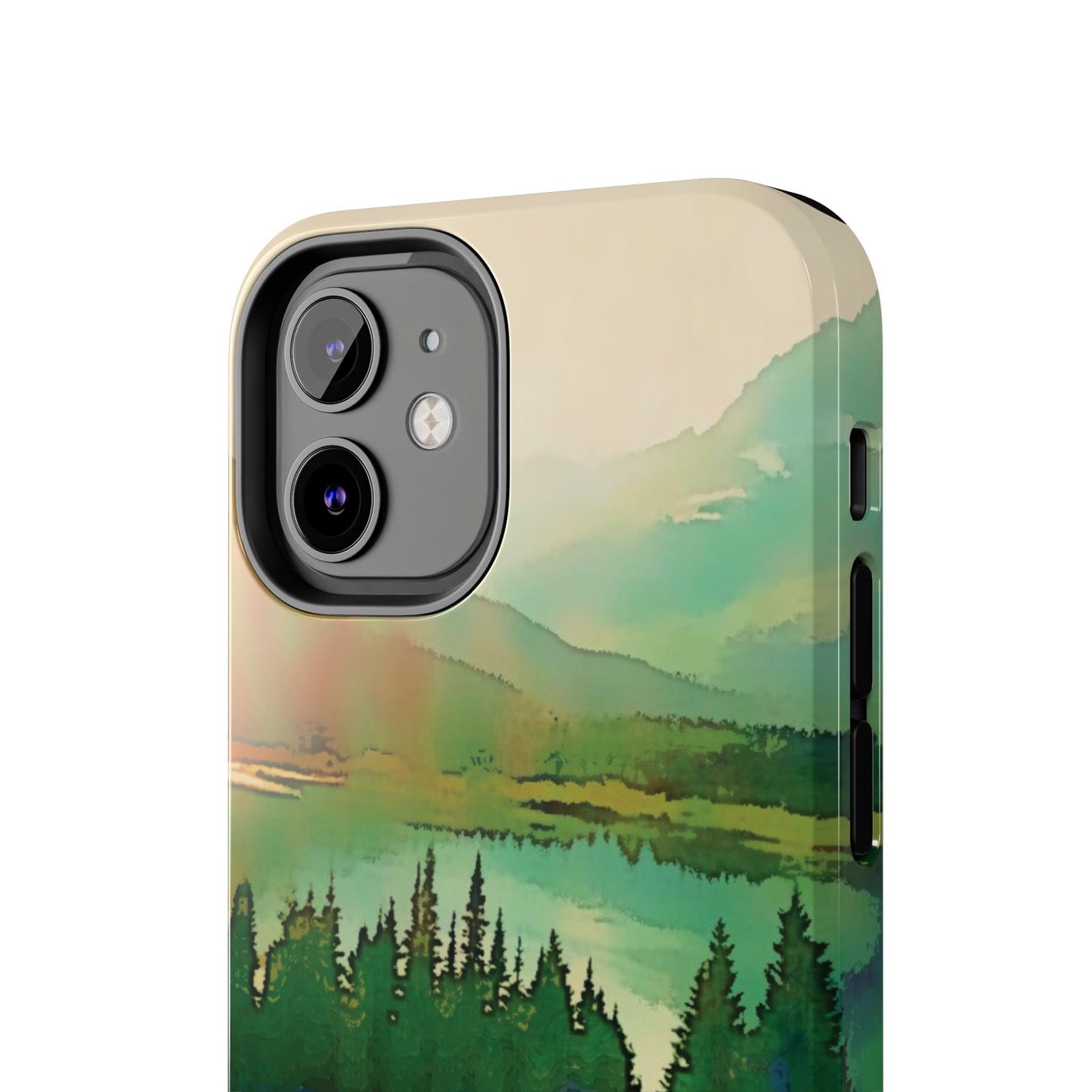 Mountain Lake Tough Phone Cases, iPhone & Samsung cases, wireless charging, trees, nature, colorful, original artwork, gifts, Christmas