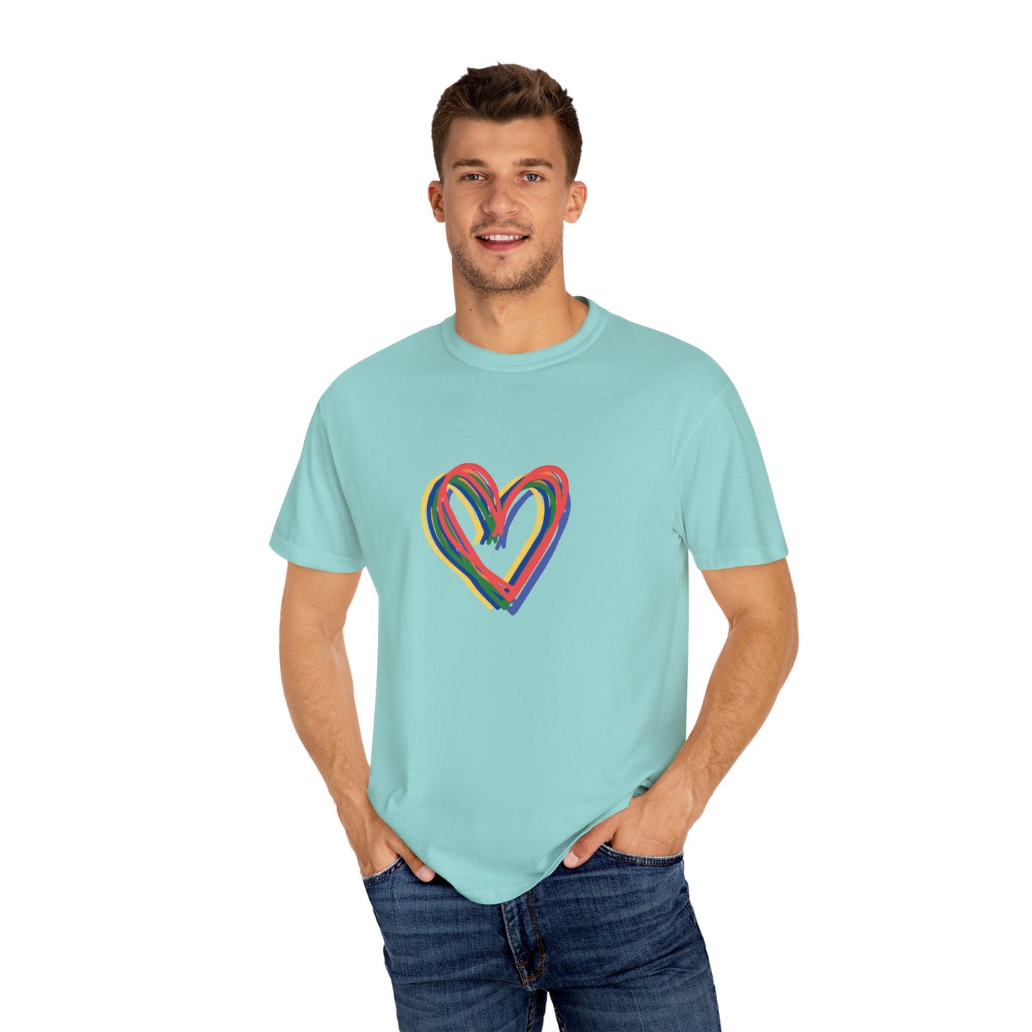 Rainbow Hearts Unisex Garment-Dyed T-shirt, love, Pride, gender neutral, casual, men, women, relaxed, soft, preshrunk cotton, Valentines Day