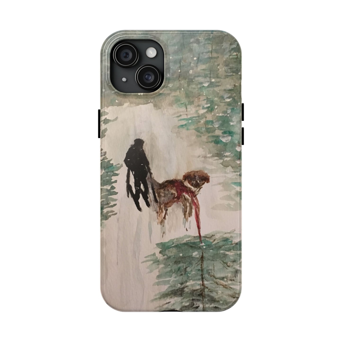 Skier Dog Pulling Tree Tough Phone Cases, iPhone & Samsung cases, wireless charging, pine trees, snow, original artwork, gifts, Christmas
