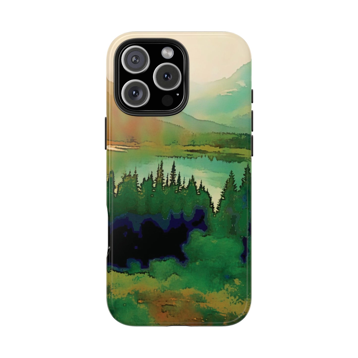 Mountain Lake Tough Phone Cases, iPhone & Samsung cases, wireless charging, trees, nature, colorful, original artwork, gifts, Christmas