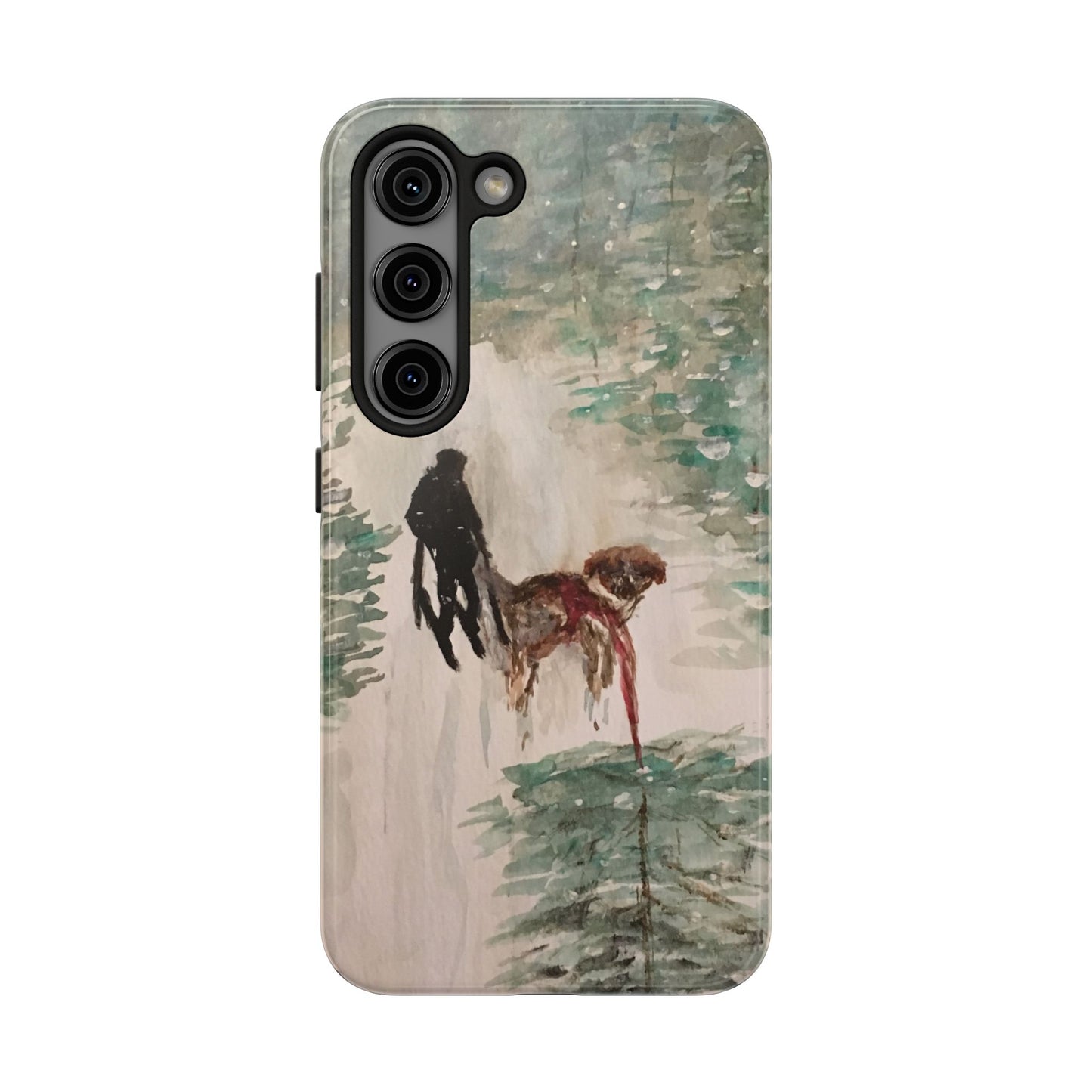 Skier Dog Pulling Tree Tough Phone Cases, iPhone & Samsung cases, wireless charging, pine trees, snow, original artwork, gifts, Christmas