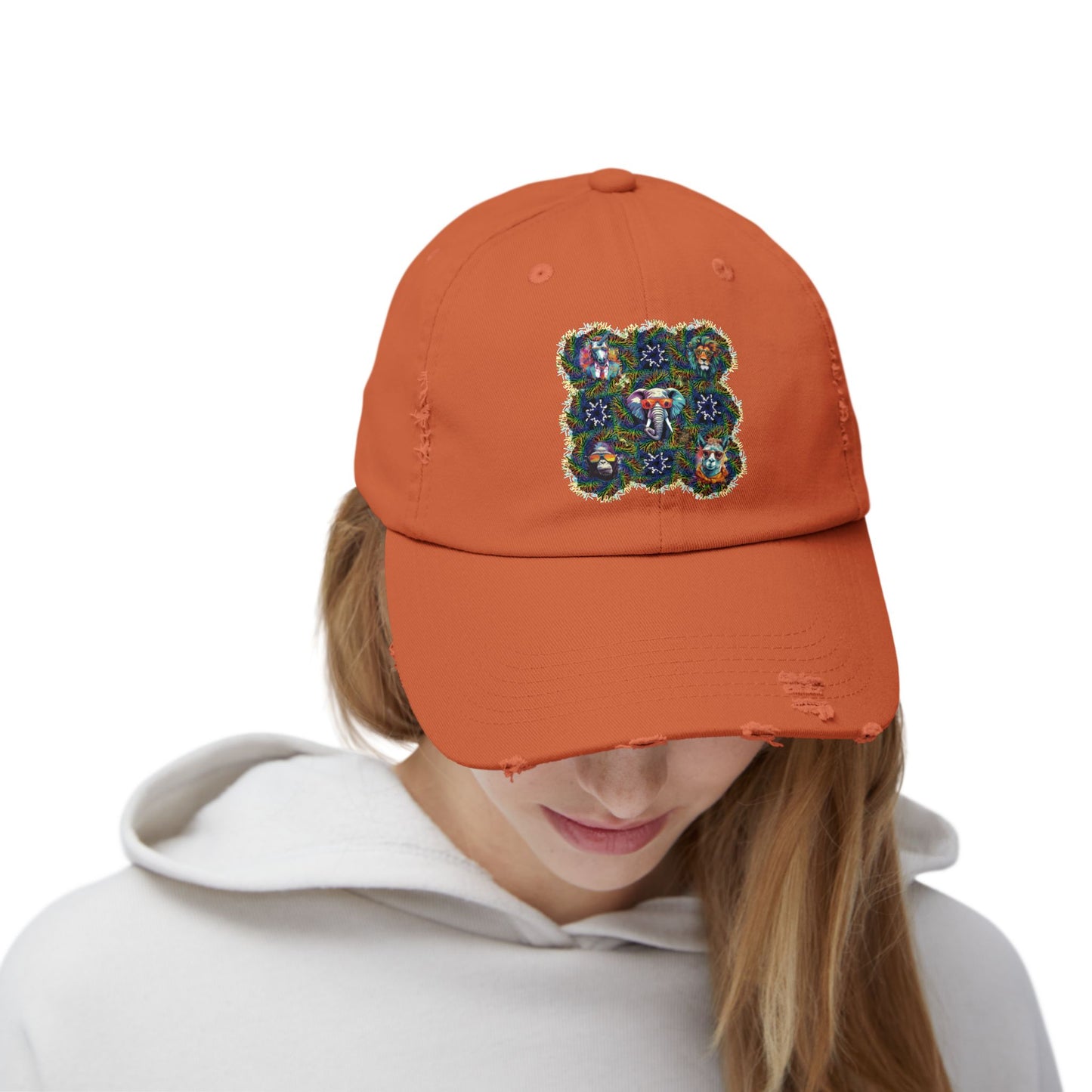 Wild & Cool Creatures Unisex Distressed Cap, Graphic Art, Animals, Gift, Hats, Cotton Twill, Adjustable, Gifts for Women Men Friends Teens