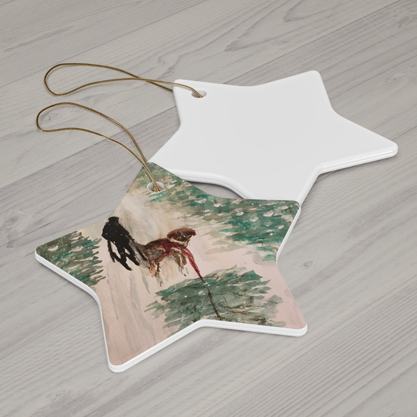 Skier Dog Pulling Tree Hanging Ceramic Ornament, 4 Shapes Circle, Snowflake, Heart, Star, Christmas Tree, Holiday, Decor, Gifts, Snow Forest