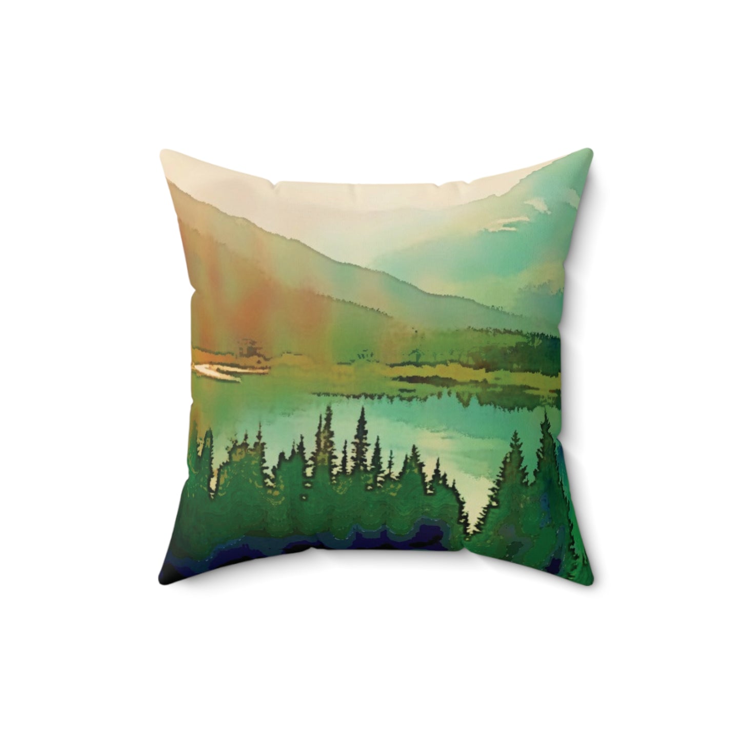 Mountain Lake Spun Polyester Square Pillow, Custom Artwork, Decor, Throw Pillow, Dorm, Gift, Holiday, Tree, Forest, Nature, Rustic, 4 Sizes