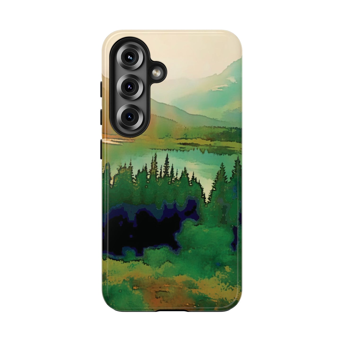 Mountain Lake Tough Phone Cases, iPhone & Samsung cases, wireless charging, trees, nature, colorful, original artwork, gifts, Christmas