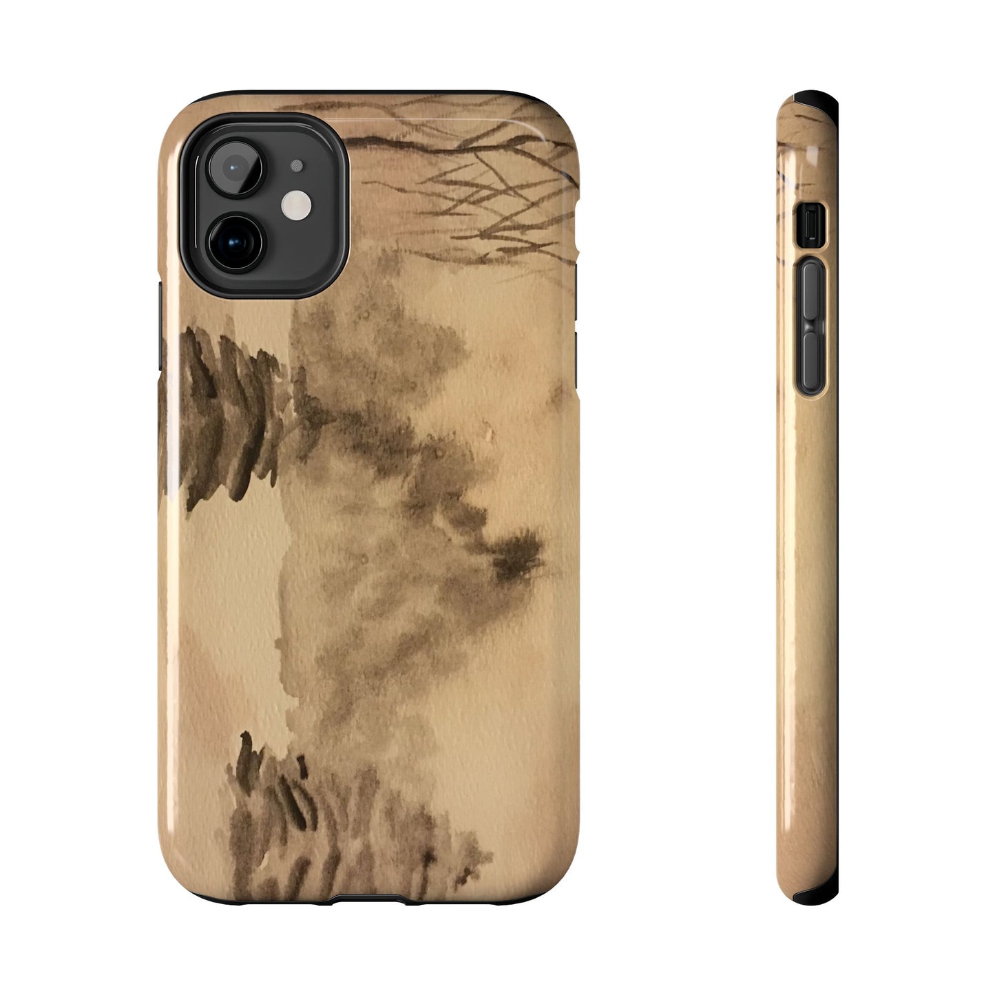 Winter Scene Tough Phone Cases, iPhone & Samsung cases, wireless charging, pine trees, snow, original watercolor artwork, gifts, Christmas