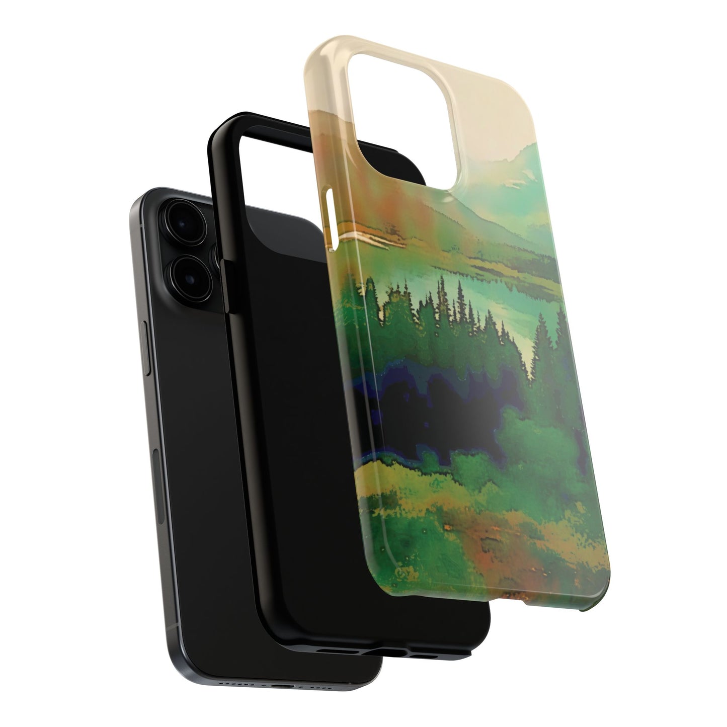 Mountain Lake Tough Phone Cases, iPhone & Samsung cases, wireless charging, trees, nature, colorful, original artwork, gifts, Christmas