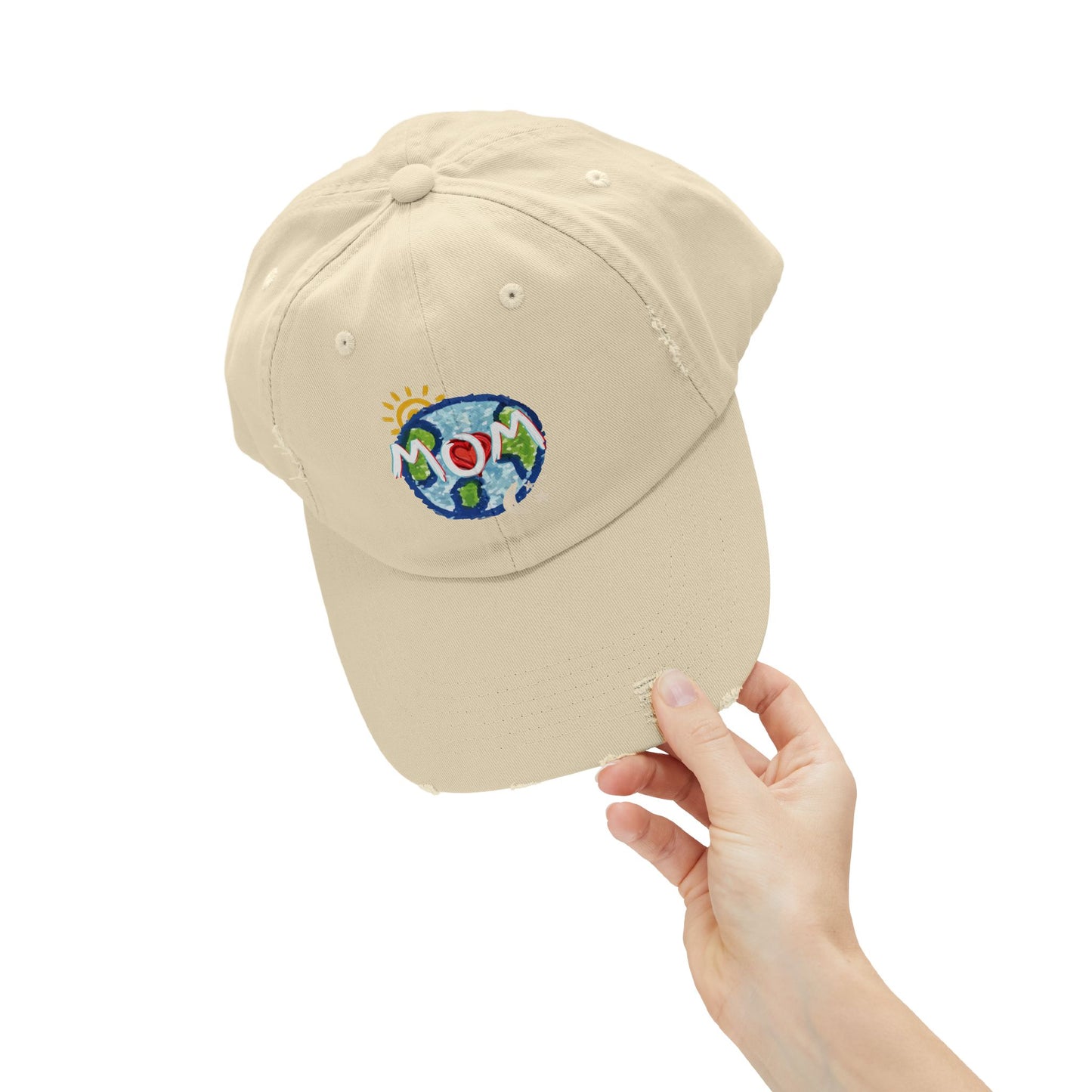 MOM Unisex Distressed Cap, Whole World, Sun, Moon & Stars, Heart, Mothers Day, Gifts for Women, Gift, Hats, Cotton Twill, Adjustable