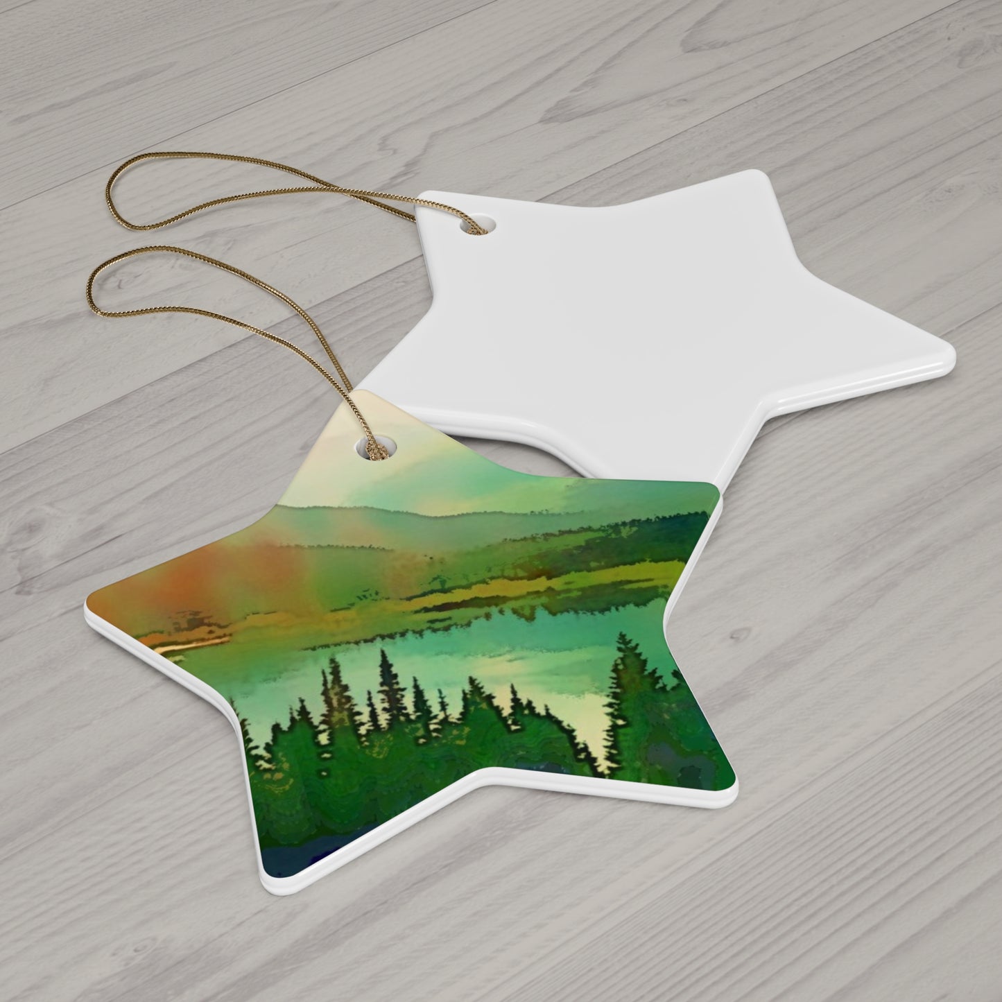 Mountain Lake Hanging Ceramic Ornament, 4 Shapes Circle, Snowflake, Heart, Star, Forest, Tree, Rustic, Holiday, Decor, Gifts, Landscape