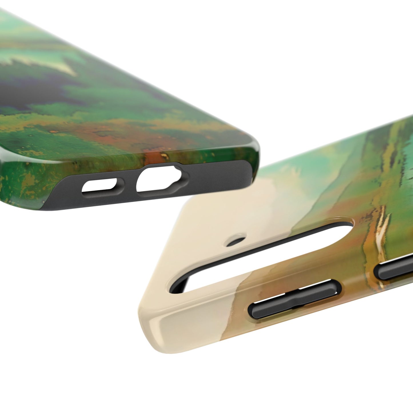 Mountain Lake Tough Phone Cases, iPhone & Samsung cases, wireless charging, trees, nature, colorful, original artwork, gifts, Christmas